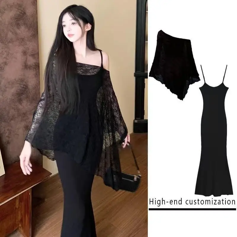 Sweet & Hot Style Slip Dress Set with Sun Protection Cape, Women's Bodycon Fishtail Midi Dress & Cover Up for Spring Summer