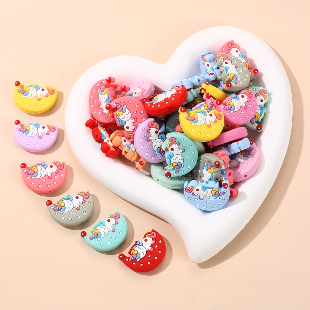 10Pcs 21x29mm Cartoon Animal Moon Silicone Teether Beads For Food Grade Nursing Chew Toy Accessory DIY Necklace Pacifier Chain