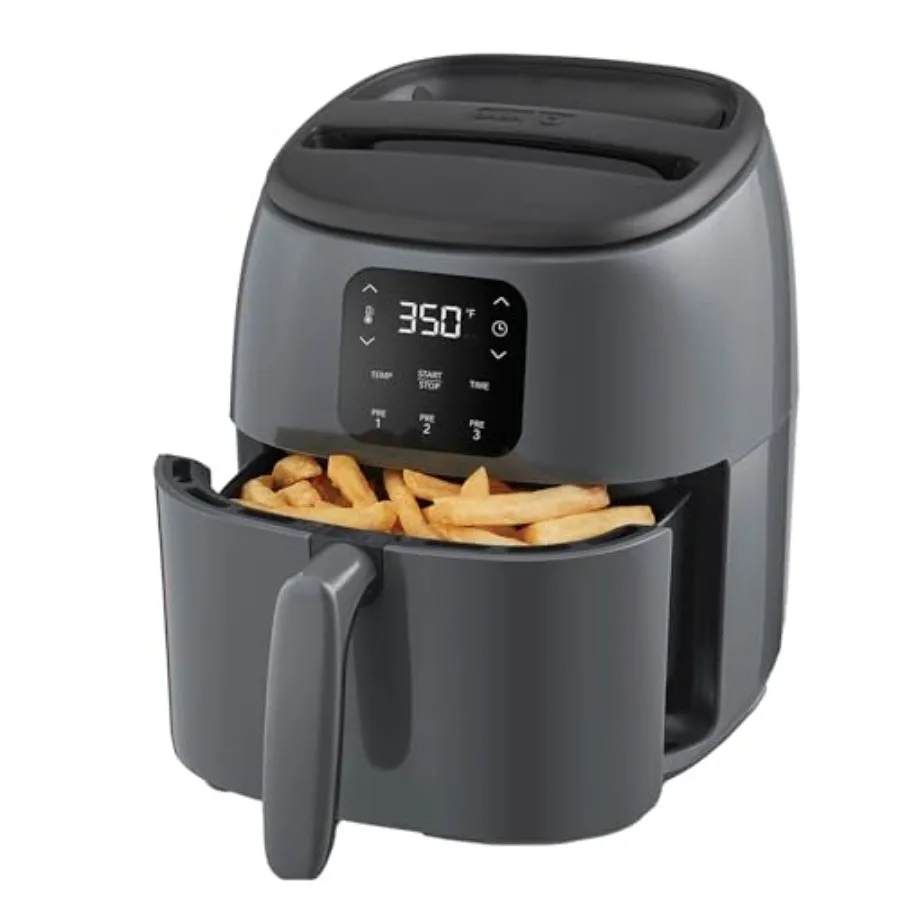 

Small compact 2.6 qt air fryer for fries and nuggets, grey aluminum alloy body, precise temp control, auto shut-off, dishwasher