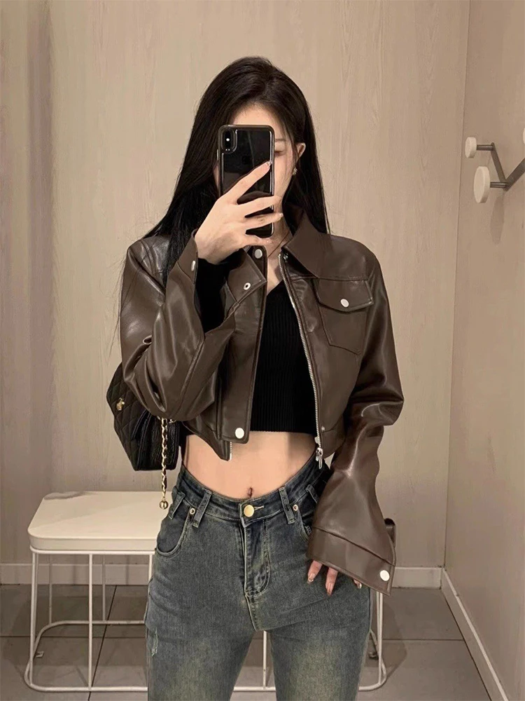 Browan Leather Jaet dames ort motorfiets Sle Sweet Cool Faion herfst 2025, nieuwe collectie kraag met ritssluiting