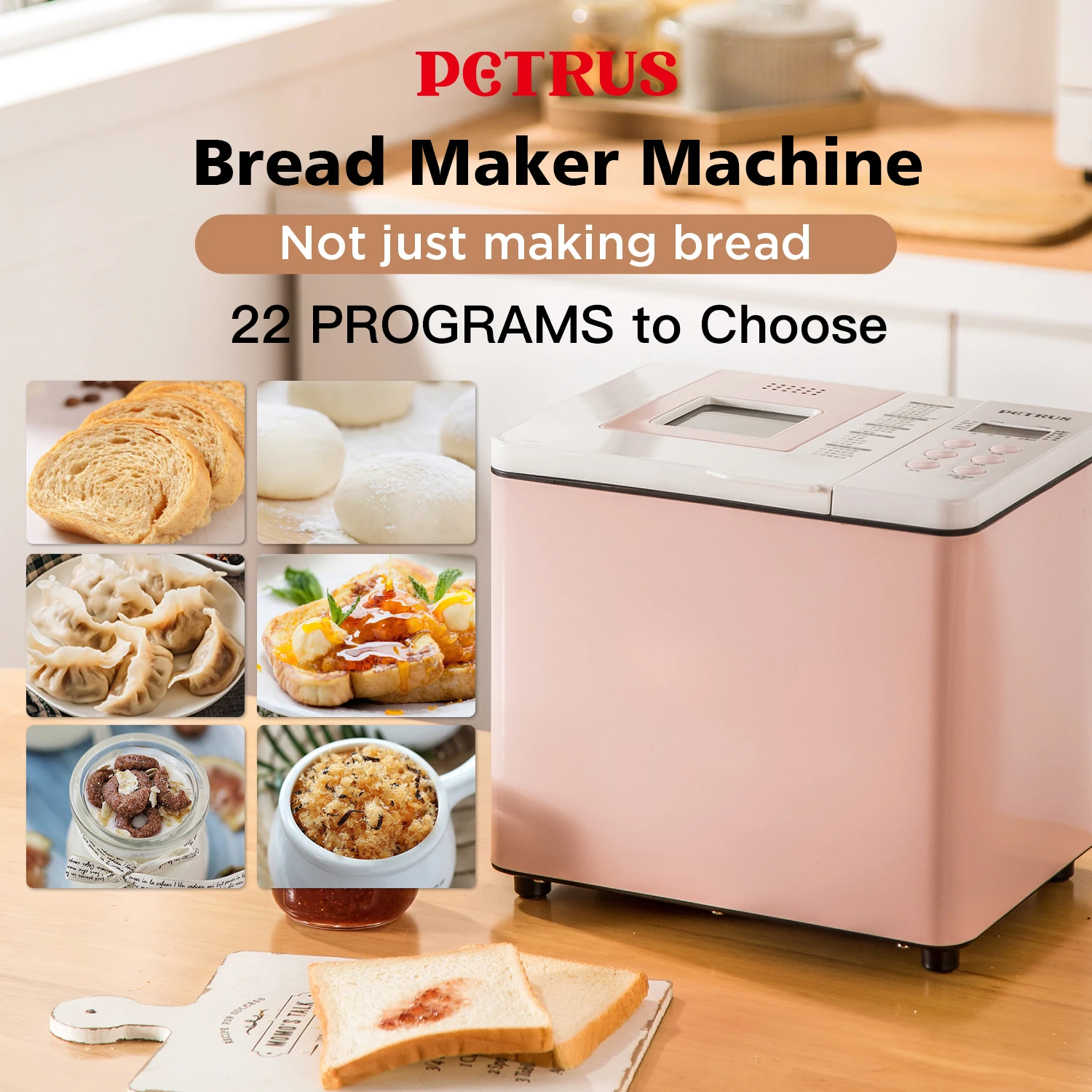 Petrus Bread Maker Machine 1.5lb 22 Programmable Menus Household Use With 15 Hours Timer Delay 60 Minutes Warm Keeping