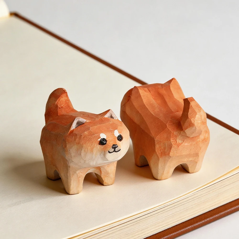 Hand Carved Wooden Shiba Inu Husky Figurine Statue Ornament Cute Dog Puppy Sculpture Home Desk Art Decor Gift for Dog Lovers