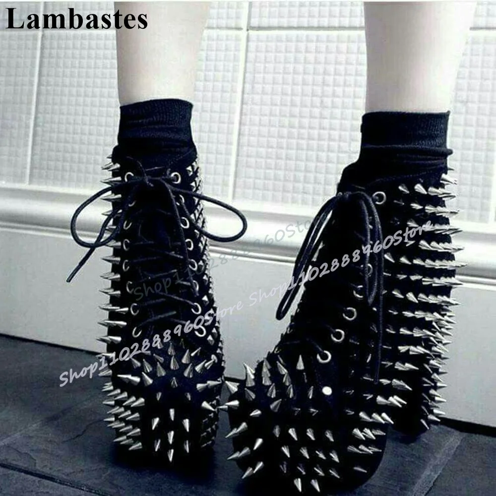 

Black Flock Full Rivets Platform Pumps Chunky High Heel Shoes For Women Cross Tied Round Toe Casual Party Stylish Women Pumps