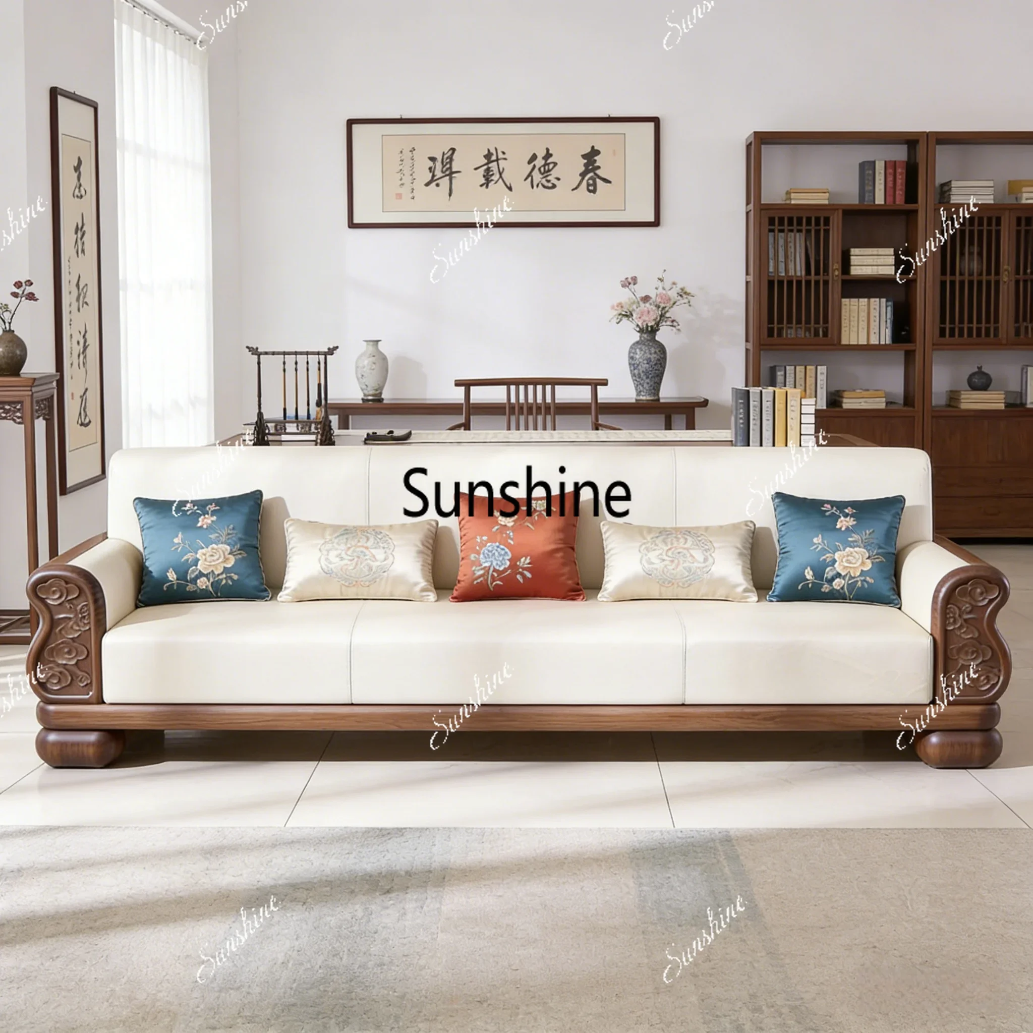 

New Chinese-style solid wood living room straight row sofa home bed and breakfast villa high-end furniture customizationY