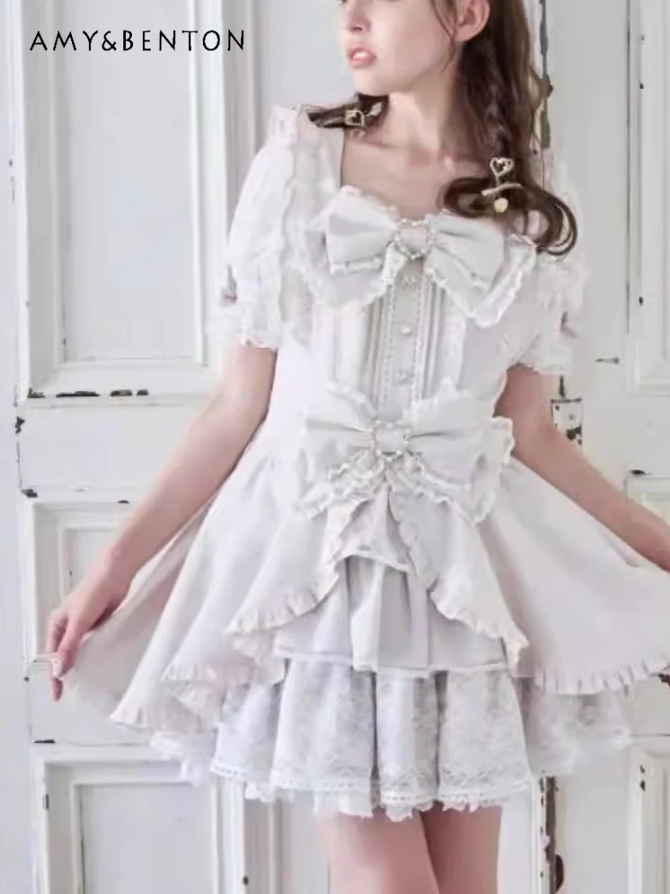 

Liz Lisa Bow Lace Dress Women Culottes Lolita Outfits Japanese Sweet Girl Bead Love Buckle Bubble Sleeve Slim Mini Dress Shorts
