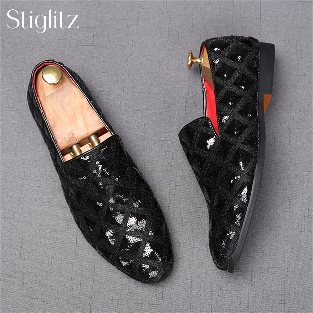 Shining Sequin Loafers for Men Fashion Designer Style Dress Shoes for Banquets Comfortable Slip-On Elegant Wedding Leather Shoes