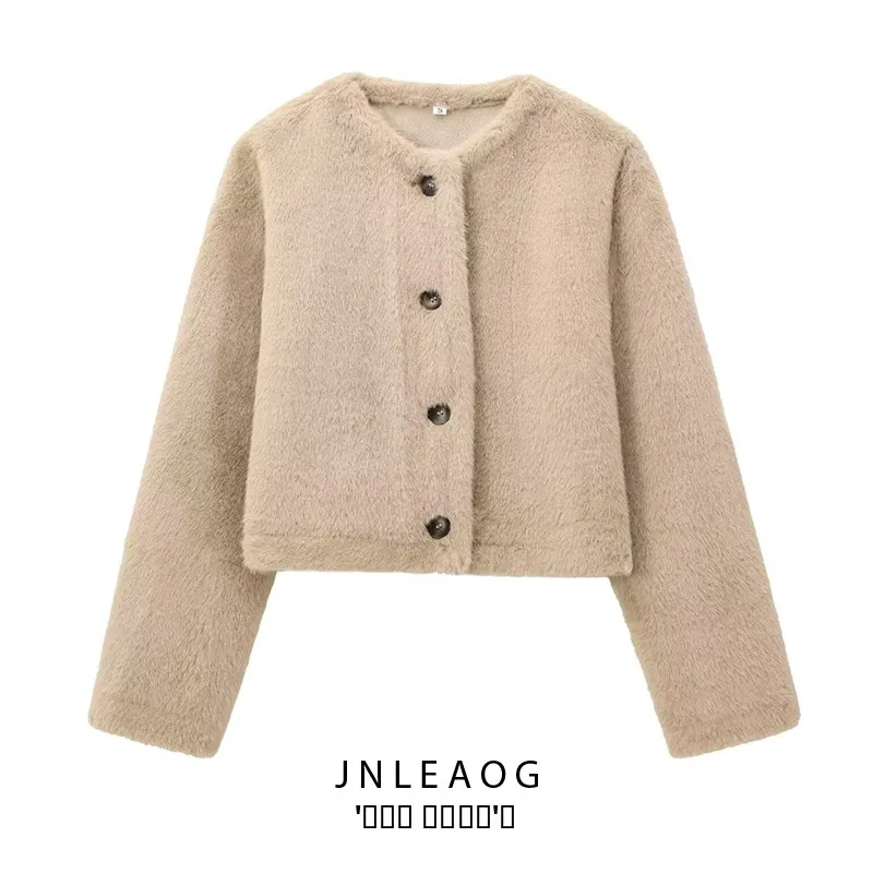 معطف JNLEAOG النسائي ort Jaet بتأثير الفرو المزيف لخريف جديد وحامل مناسب من البوليستر الدافئ الطويل وزر إغلاق