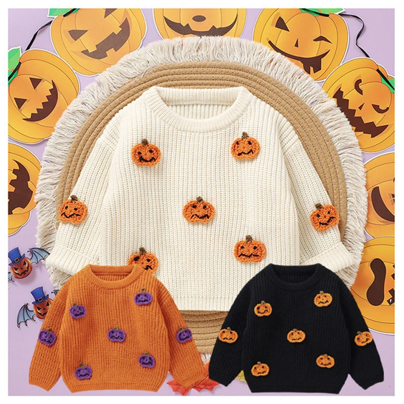 

Halloween Kids Knit Sweater 0-5Y Boys Girls Pumpkin Pullover Soft Yarn Toddler Festive Sweatshirt Autumn Winter Baby Knitwear