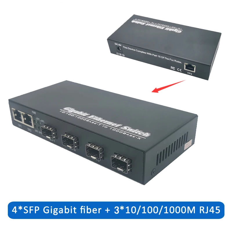 Bit Ethernet Árammegszakító Idegrost Optikai Multimédia átalakító 4sfp 3RJ45 10/100/1000M UTP Idegrost Bal oldal Idegrost Árammegszakító 4F3E