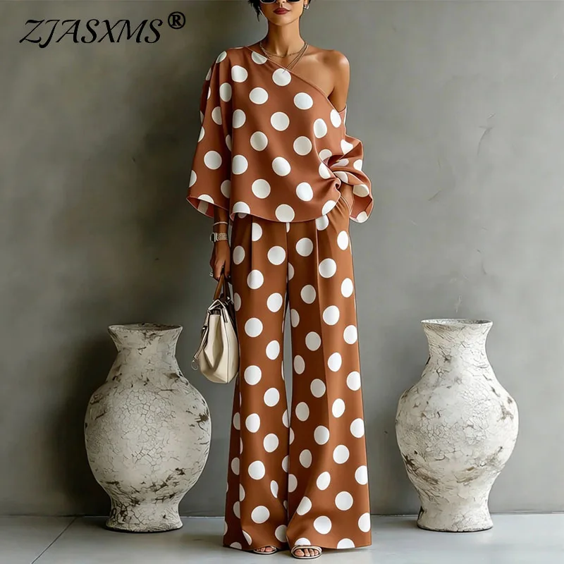 Bright Color Block Polka Dot Two Piece Outfit Women Asymmetrical Off Shoulder Top Loose Trousers Set Elegant Resort Fashion Suit