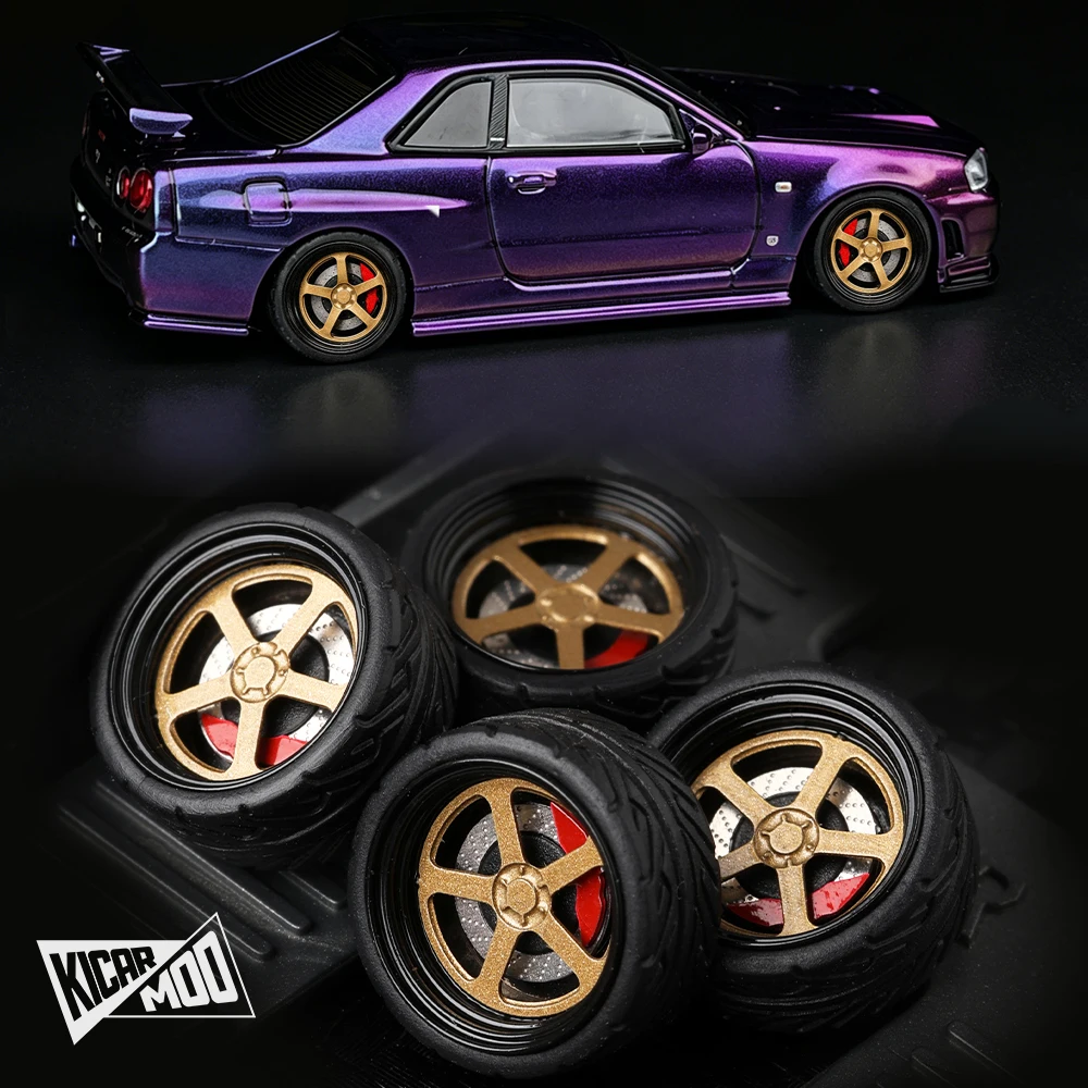 Kicarmod 1/64 G-Series, ensemble de jantes en alliage de 10,5 mm et pneus en caoutchouc, 4 pièces de remplacement et caches-moyeux magnétiques pour Tomica Hot Wheels