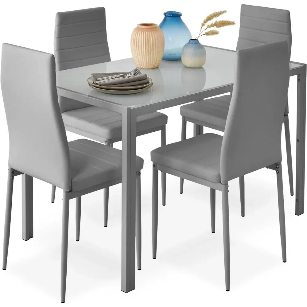 5-piece glass dining table set, modern kitchen dining table and chairs, 4 soft cushioned PU chairs, metal steel frame - gray