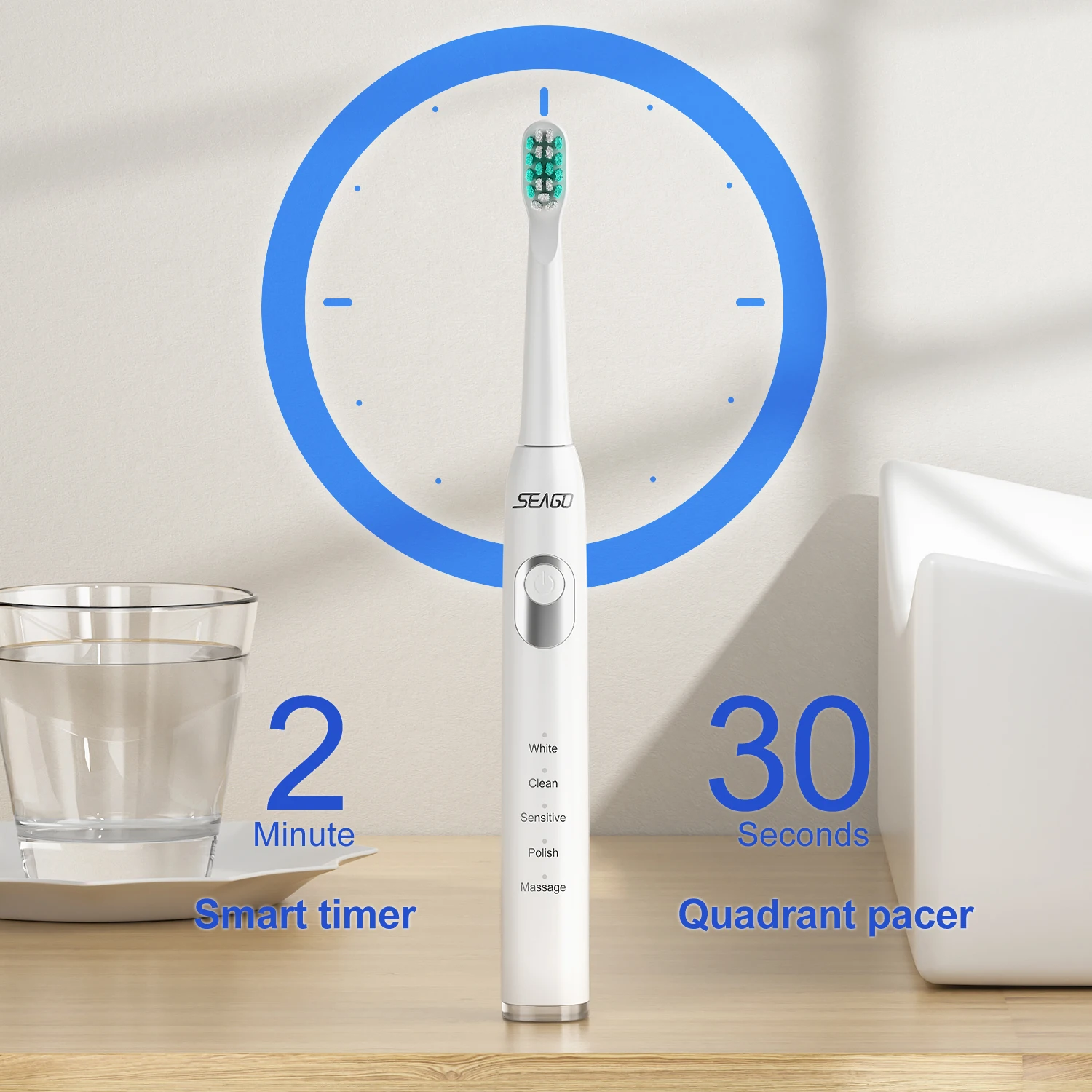 Seago Rechargeable Electric Toothbrush Sonic Tooth Brush Ultrasonic  Type C 5 Modes Supercharged  Smart LED Indicator Adult IPX7