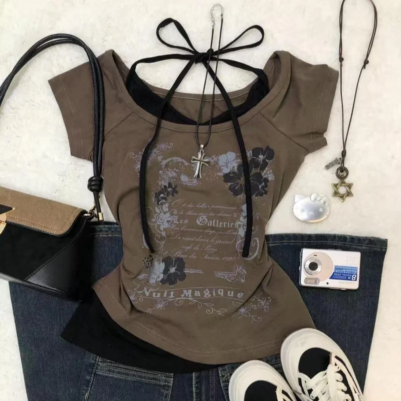 

Subculture Woman Clothing Y2K Punk T-shirts American Vintage Sweet Sexy Short Female Clothing Casual Fake Two Pieces Popular Top