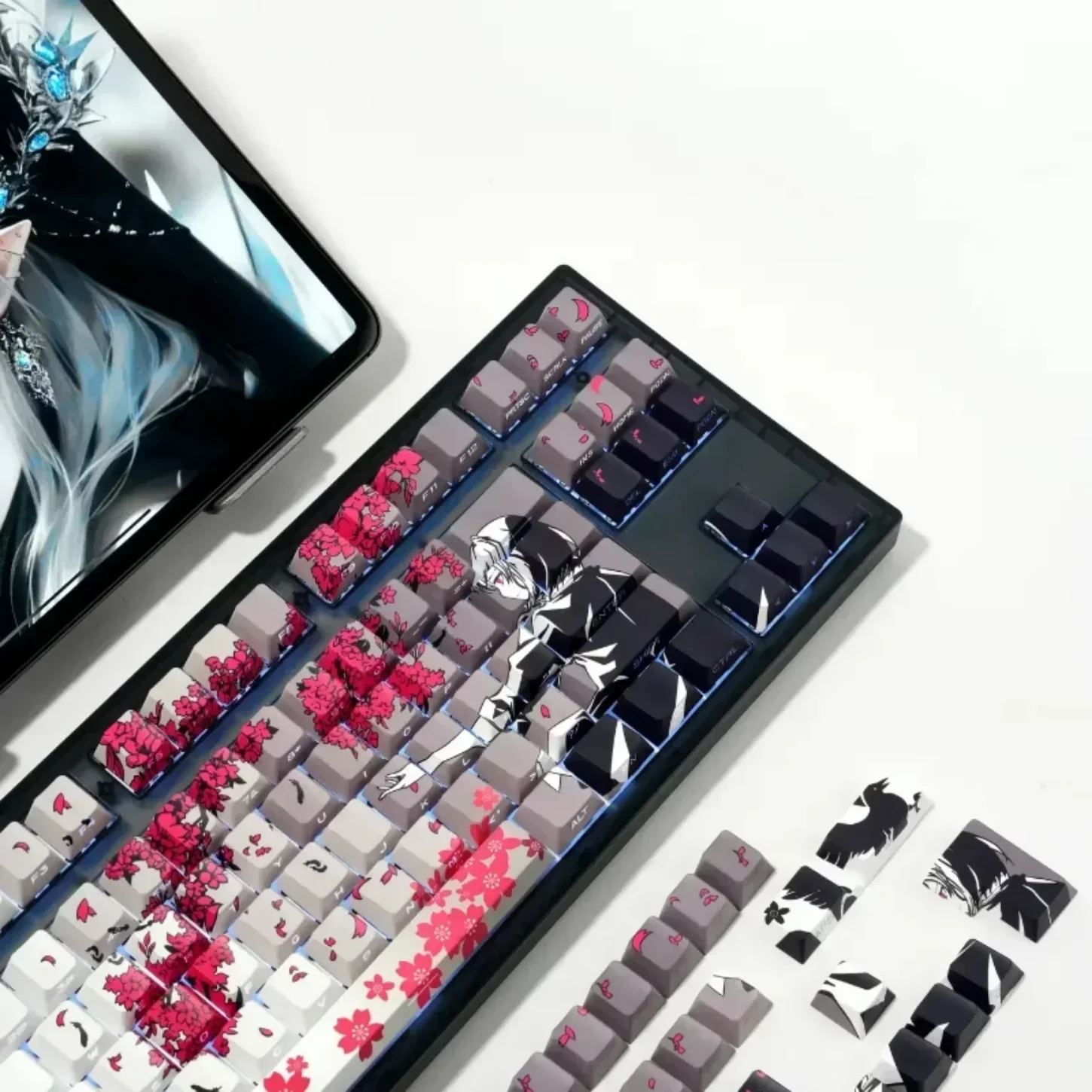 Sakura Raven Keycaps Sakura Sisi Terukir Tembus PBT Sublimasi Termal 130 Tombol untuk MX Switch Gaming Mekanis Keyboard