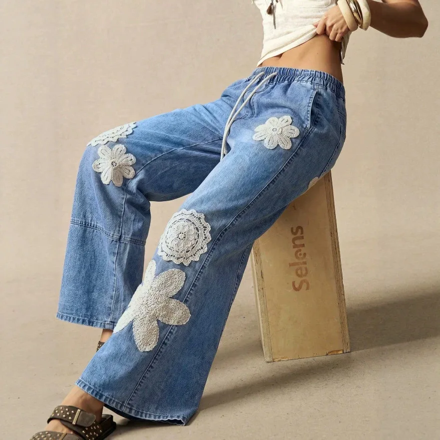Women Boho Crochet Lace Wide Leg Jeans Elastic Drawstring Waist Loose Floor Length Straight Denim Pants Vintage Spliced Trousers