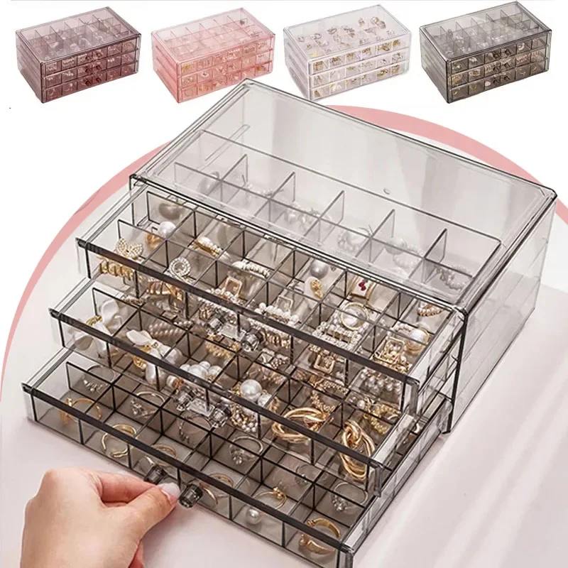 3Layer Transparent Jewelry Storage Box Large Capacity 72/120Grids Dustproof Stackable Earrings Rings Container Jewelry Organizer