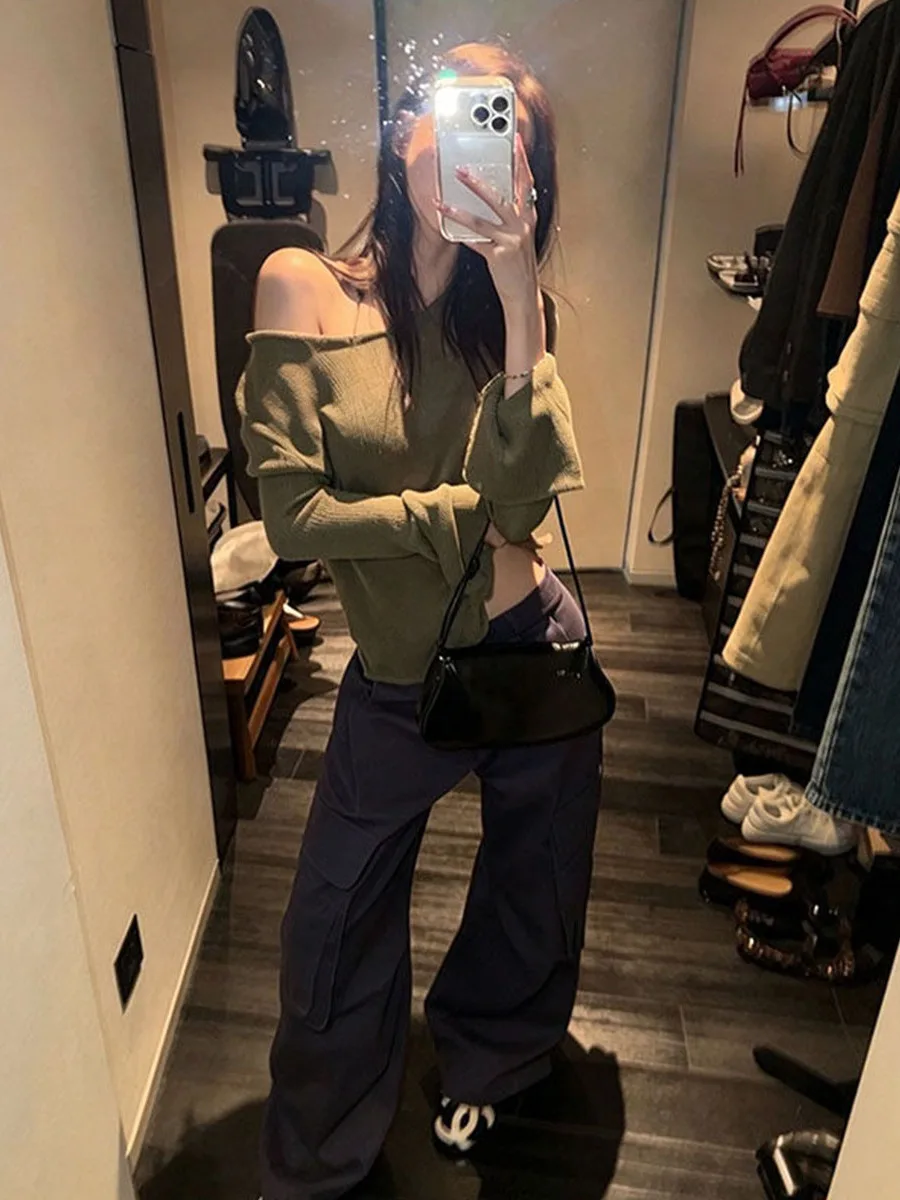 Spicy Girl Style Long Sleeve T-Shirt Women Loose Slimming Atmosphere Versatile Top Semi-Transparent Shoulder Baring Knitted S...