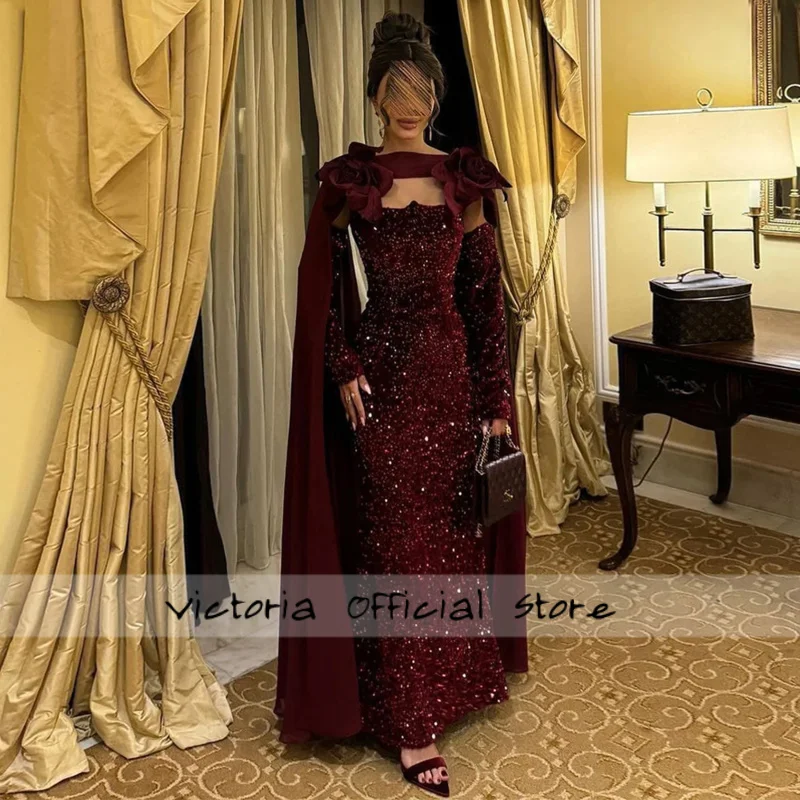 

Evening Dress Saud Arab Sequined Party Gown Customized Detachable Long Sleeve Flower Cape Arabian Prom Dresses