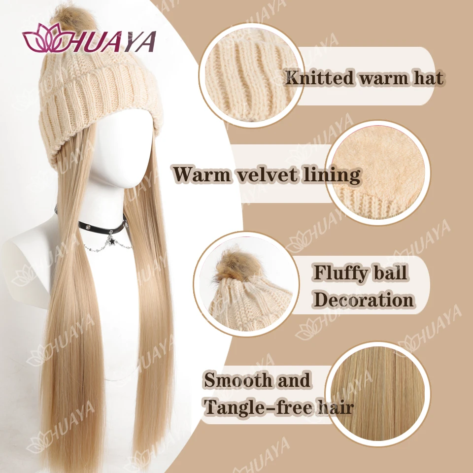 Hat Wig Synthetic Hat Hair Extensions Wigs For Women Long Straight Hair Warm Plush Knitted Autumn Winter Cap