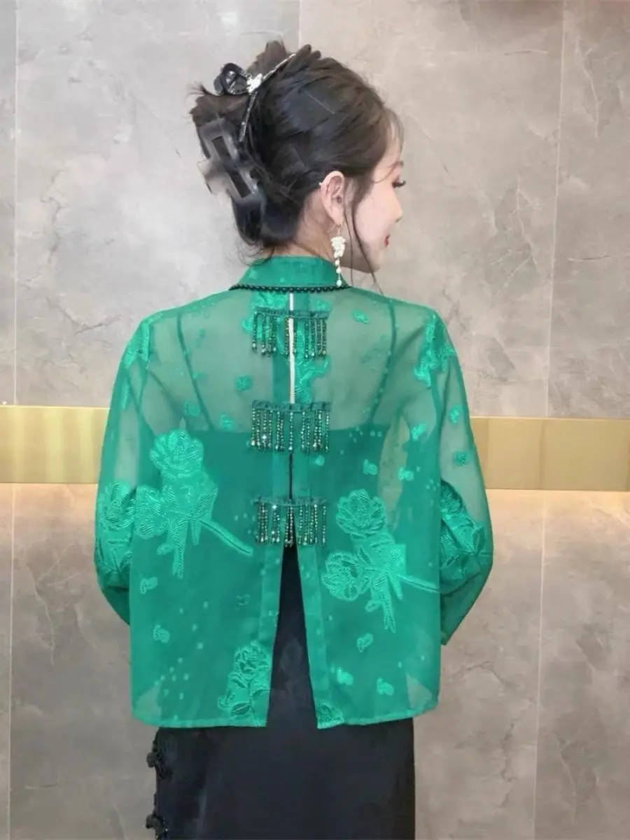 Casaco fino de proteção solar estilo chinês para mulheres com fivela de disco jacquard, camisa glamourosa, nova moda, verão e outono, 2024