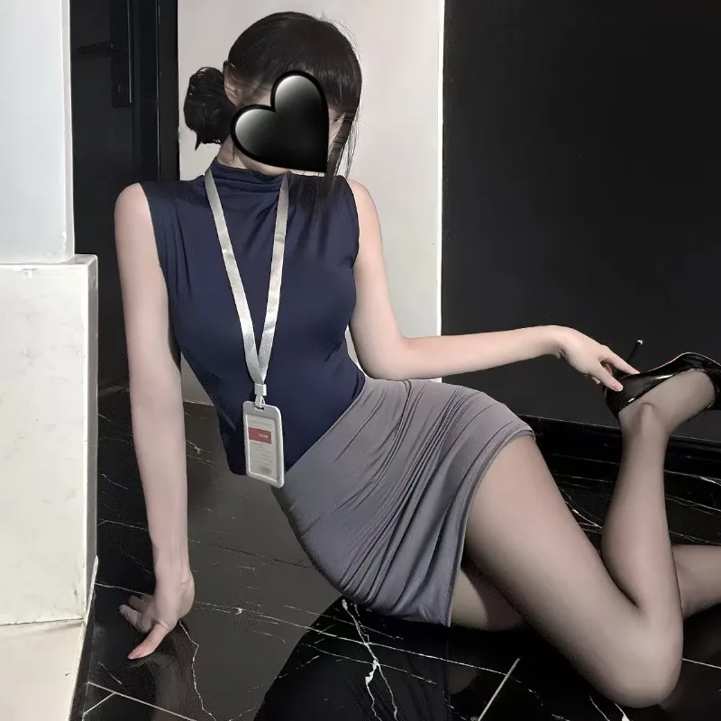 Sexy Sekretärin-Uniform-Set für Damen, ärmellos, figurbetonter Rock, Rollenspiel, Bürodame, Kostüm, erotische Dessous, verführerische Miniröcke
