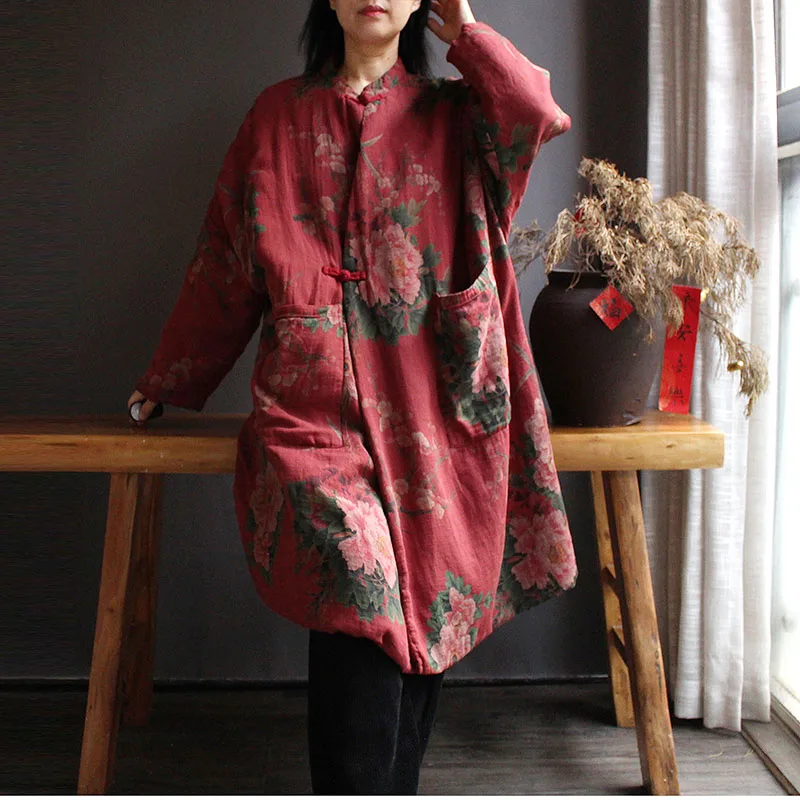 

Women's Cotton Jacket Kimono Side Cardigan Soft Thin Quilted Flower Print Loose Mid-Long Fallow Coat With Pockets Autumn Winter