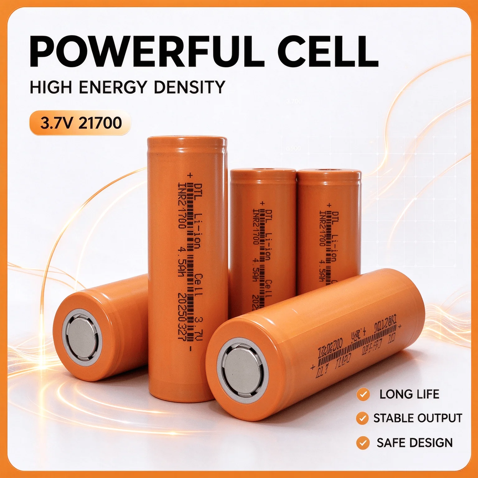 3.7V 21700 Lithium-Ion Rechargeable Battery 4500mAh High Energy Density Stable Output Long Life Safe Design For Torches