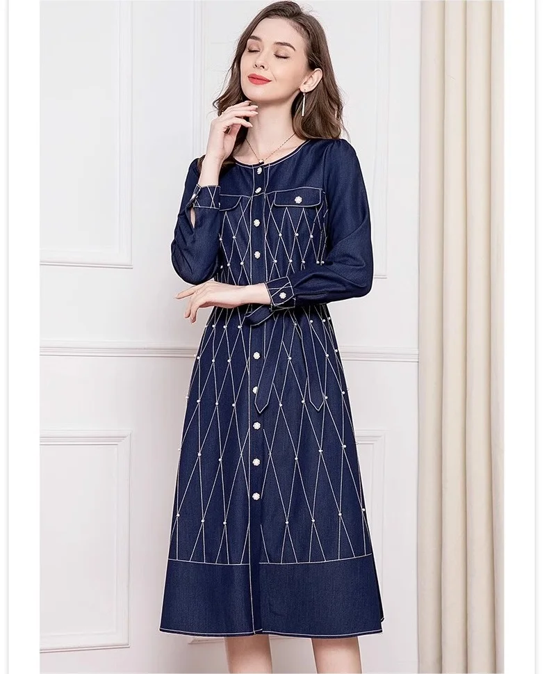 High Quality Brand New Denim Dress 2024 Spring Fashionable Women Lurex Embroidery Beading Deco Long Sleeve Blue Jeans Dress 4xl