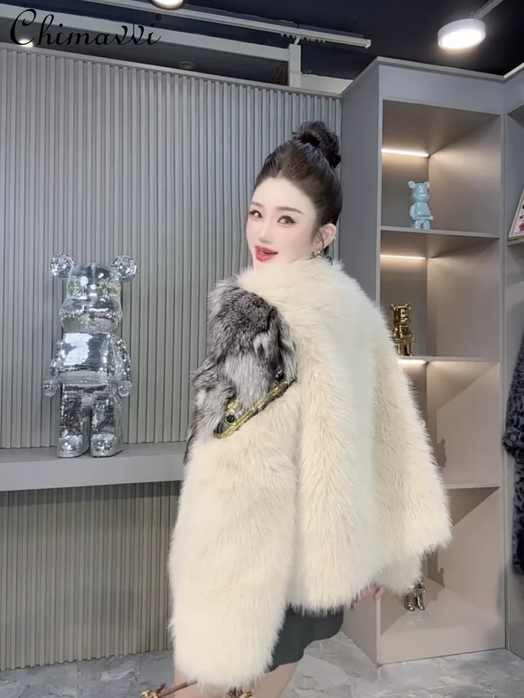 Winter Clothes New European Mink Fur Shearling Coat Women Fashion Real Fox Fur Collar Loose Long Sleeve Warm Elegant Fur Coat