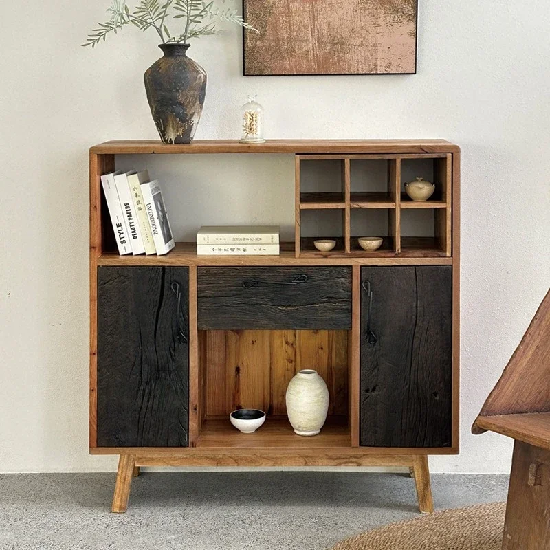 Homestay solid wood contrasting  color dining side cabinet, old  wood  texture simple storage cabinet
