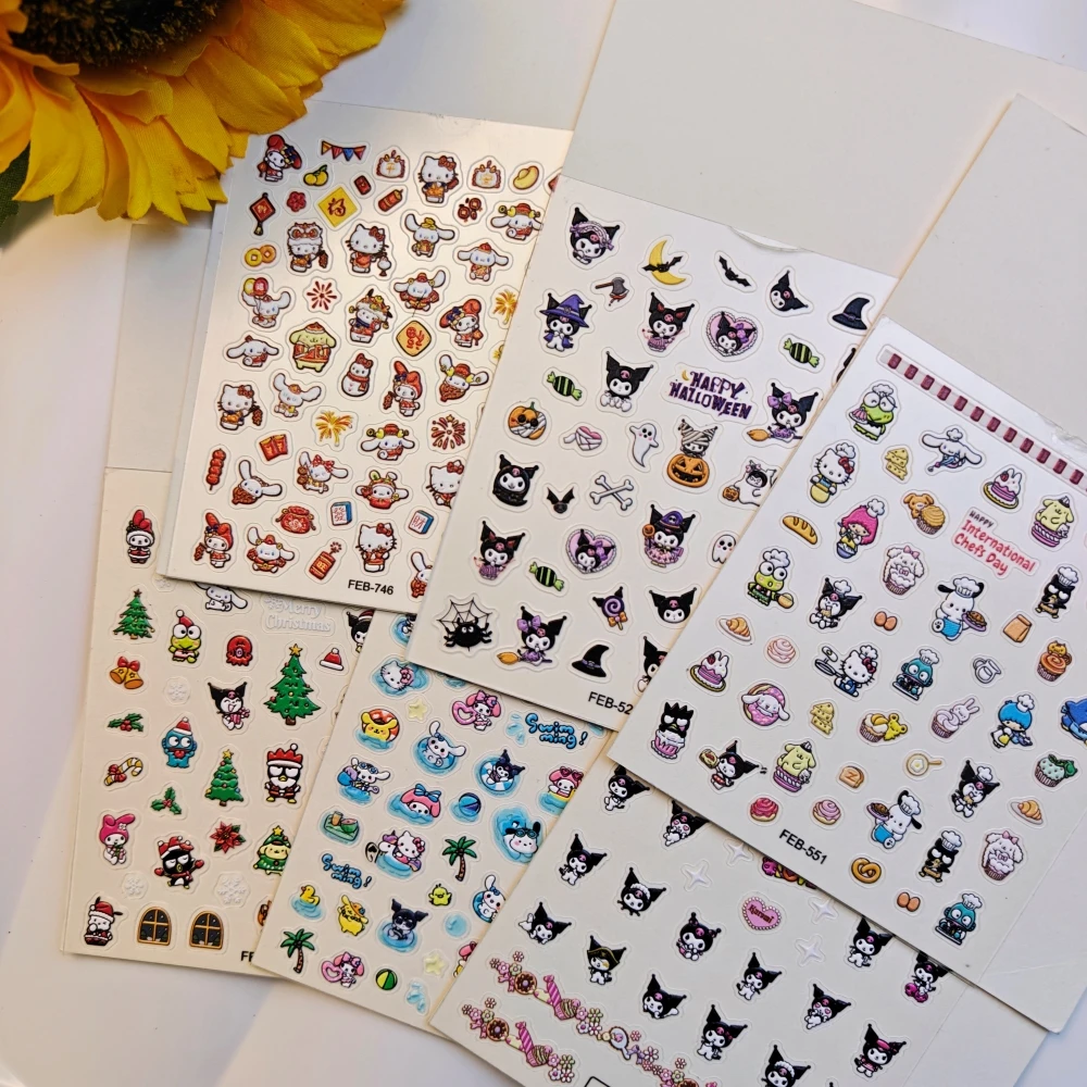 1 sheet HelloKitty Kuromi Sanrio New 5D Relief Nail Art Stickers Nail Decals for Manicure fashion Design DIY Happy Accessories