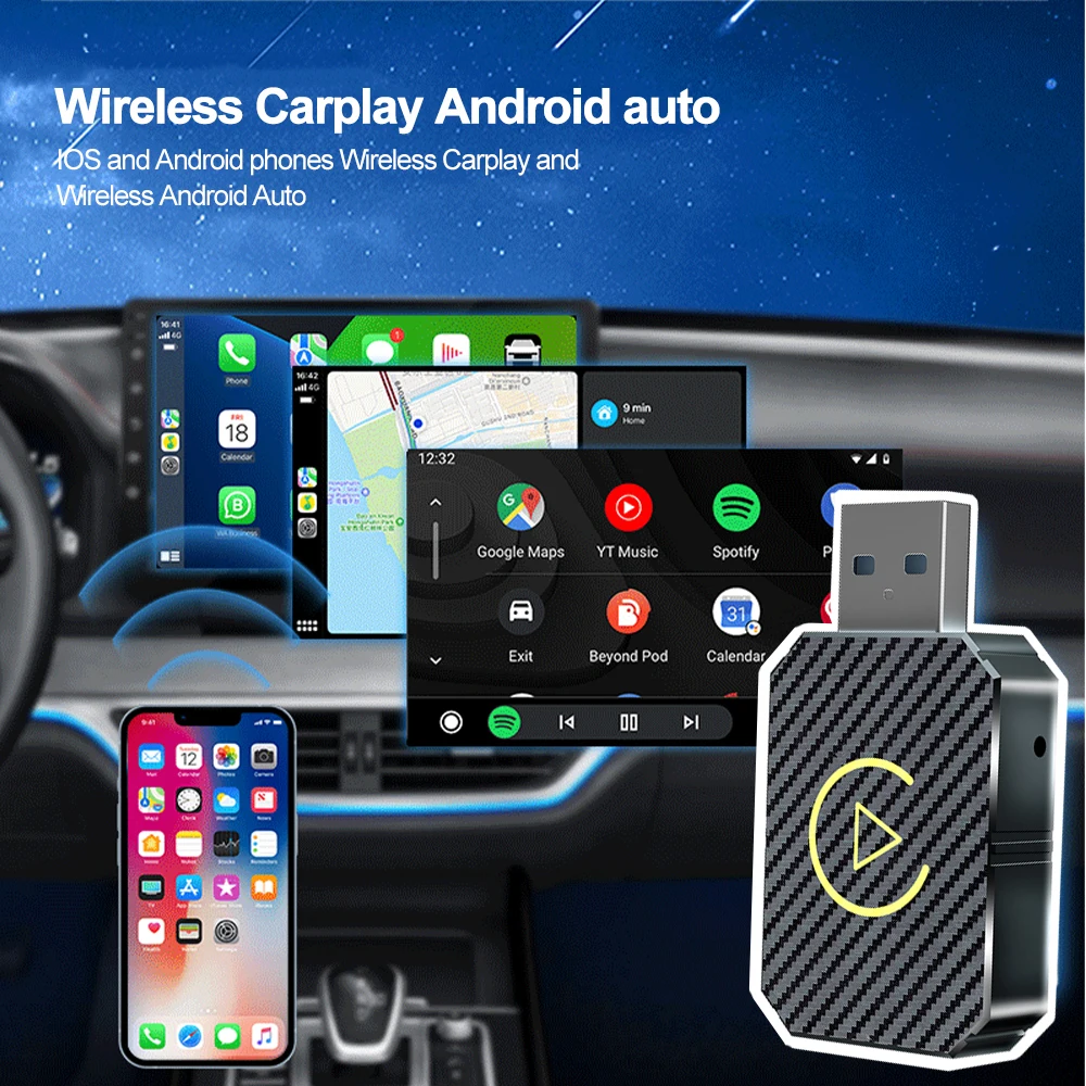 

2 in 1 Wireless Carplay Adapter Android Auto Smart USB Dongle Plug and Play For Volvo Kia Benz Audi VW Hyundai Car Accessaries