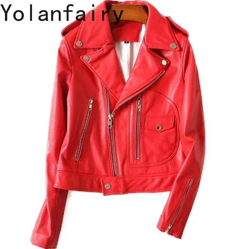 Yolanfairy 100% jaqueta de couro genuíno mulher moda curto casaco de pele de carneiro real roupas femininas fino-ajuste jaquetas de couro vermelho