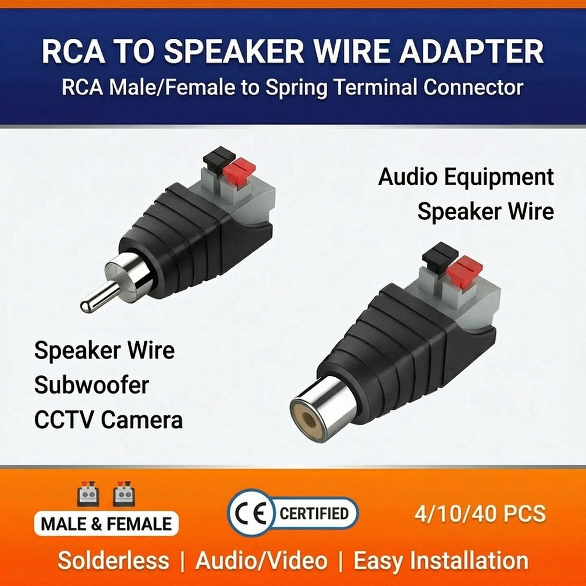 

4/10/40Pcs RCA Male/Female to Terminal Block Adapters, Solderless Push Button AV Connectors for Speaker & Home Theater