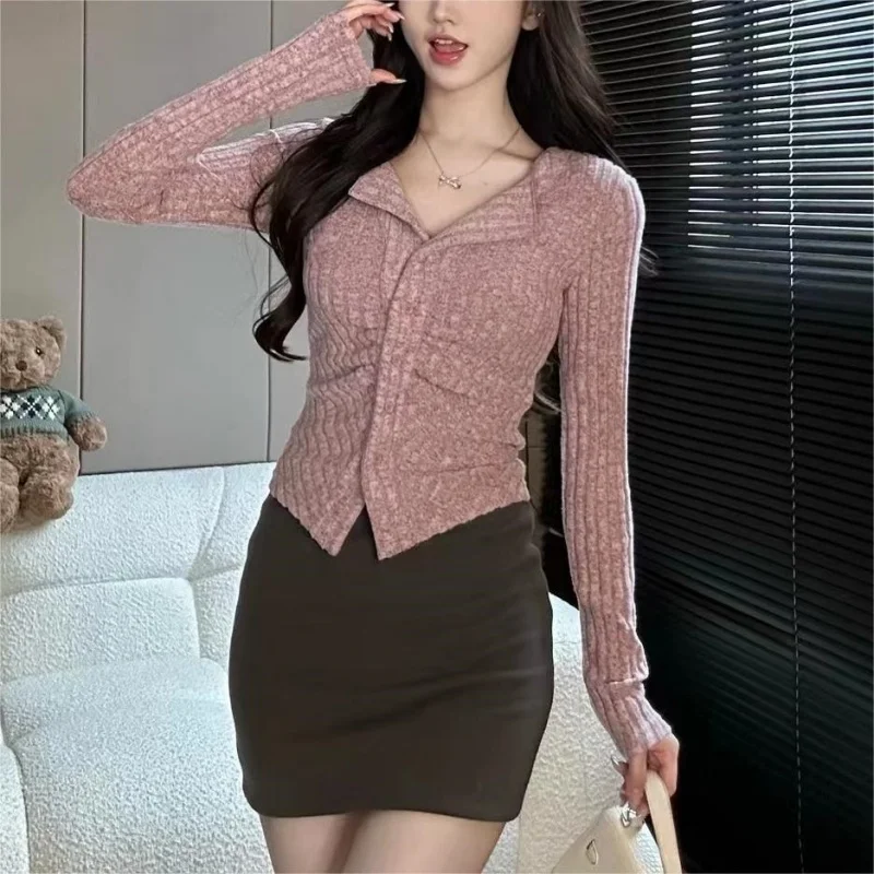 Autumn & Winter Women's Long Sleeve Coat New style Sexy Lapel Long Sleeve Knit Cardigan Slim Solid colour Short Women's Tops