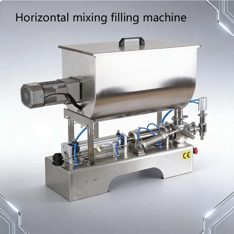 Máquina de llenado neumática horizontal para aceite de oliva, mantequilla de cacahuete, salsa de tomate, salsa de chile, máquina de llenado de precisión con función de mezcla