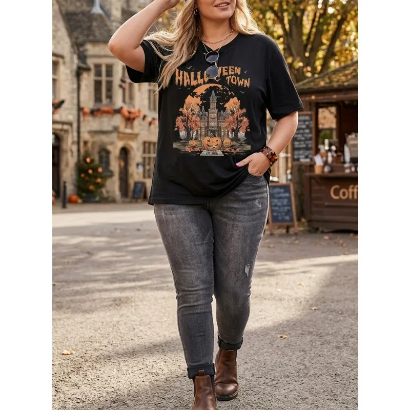 Women'S Plus Size Halloween Town Graphic T-Shirt - Spooky Haunted House & Pumpkins Design - Black Crew Neck Casual Top