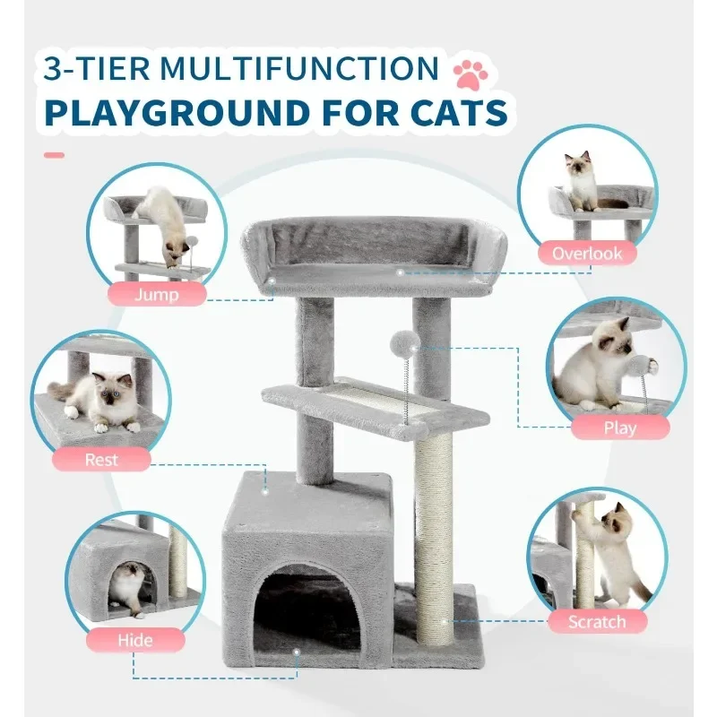 Carpet cat Tower Grey indoor cat, cute wooden kitten apartment, 29-inch multi-level modern activity climbing furniture