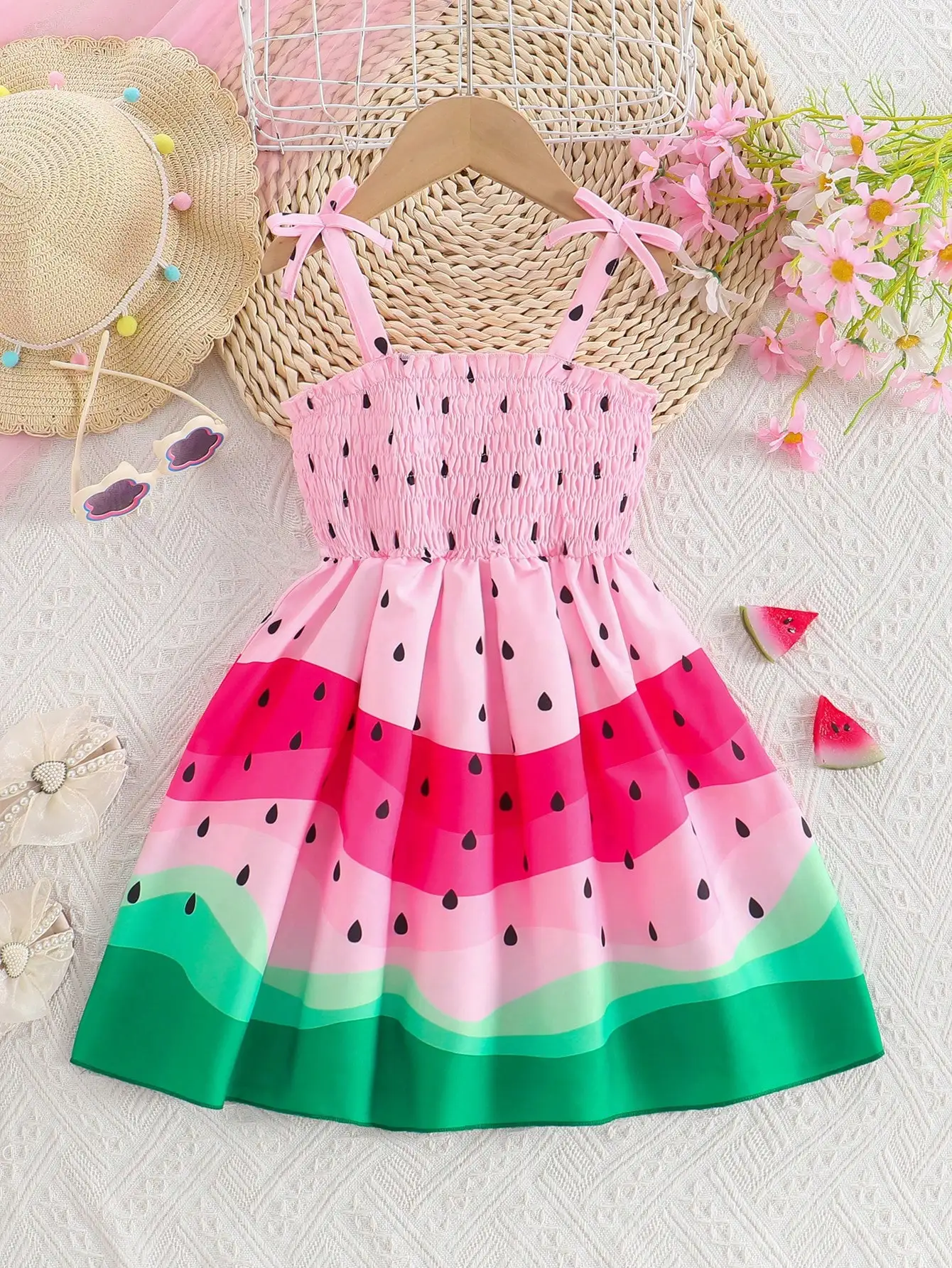 

Pink Watermelon Print Smocked Strap Dress With Bowknot Summer Women's Dress