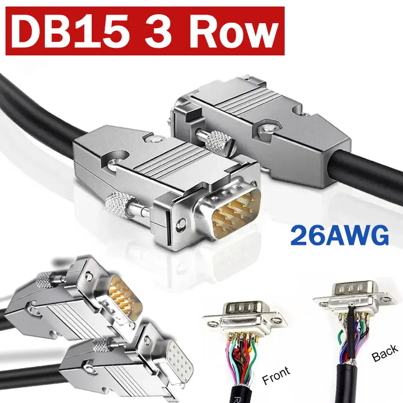 26AWG HDB15 Connection Wire DB15 3 Row Metal Extension Line 15 Pin Data Cable Male to Female For CNC Machine Tool Communication
