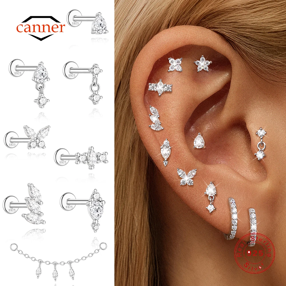 CANNER 1PC Moissanite Threaded Cartilage 925 Sterling Silver Piercing Stud Earring For Women Ins Butterfly Ear Stud Jewelry Gift