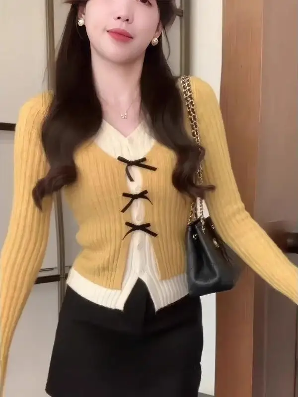 컬러 블로 V넥 니트 가디건 여성용 겨울 스웨터 매듭 허리 조임 탑