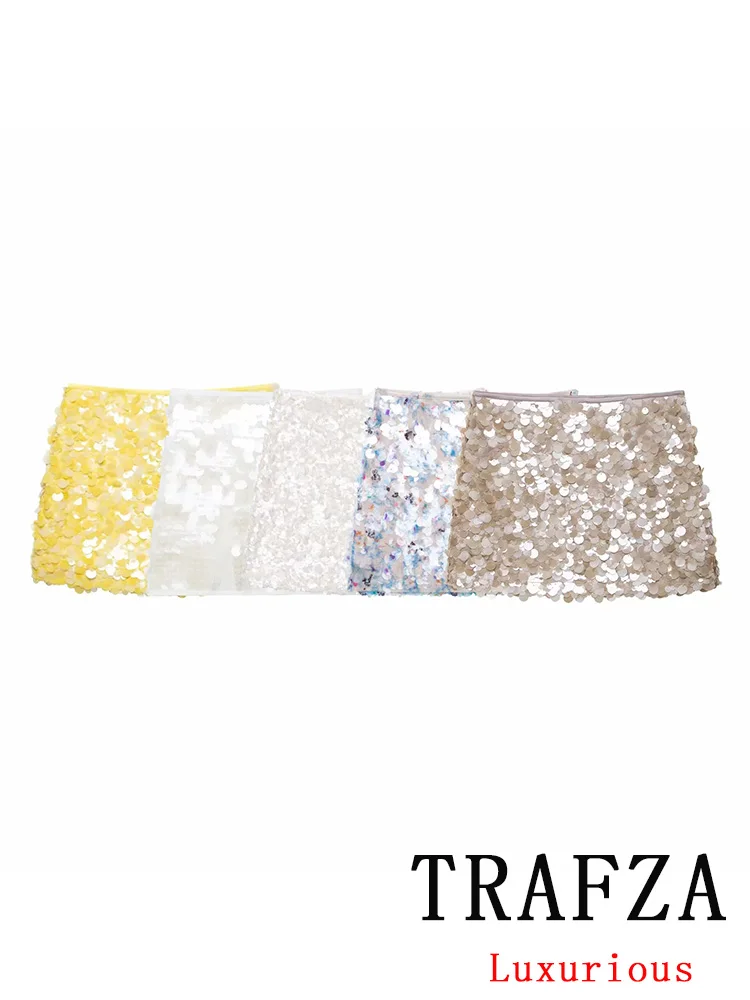 

TRAFZA Vintage Casual Chic Women Skirt Solid Sequined Short Slim Zipper Skirt New Fashion 2025 Summer Holiday Mini Female Skirt