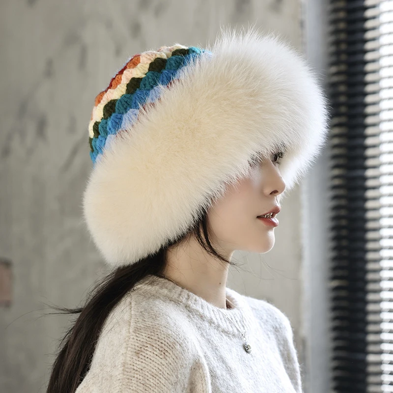 2024 Besfilin Knitted Hat with Fox Fur Brim for Women, Colorful Bucket Hats, Korean Version, Keep Warm, Autumn and Winter