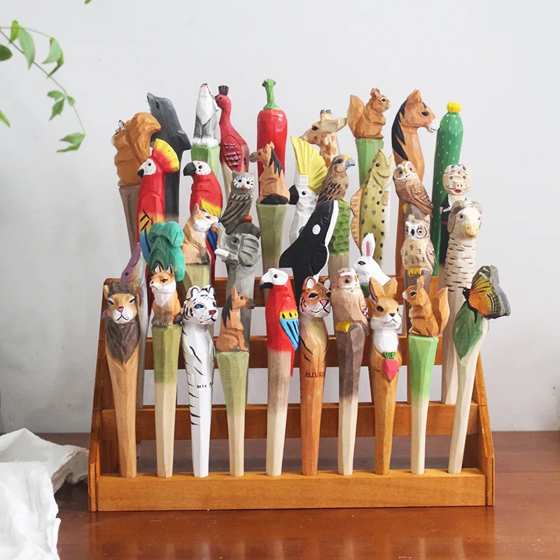 

1Pcs Creative Woodcarving Animal Pen Craft Gift Neutral Pen Wooden Carving Pens Advertising Gift Artwork Student Stationery