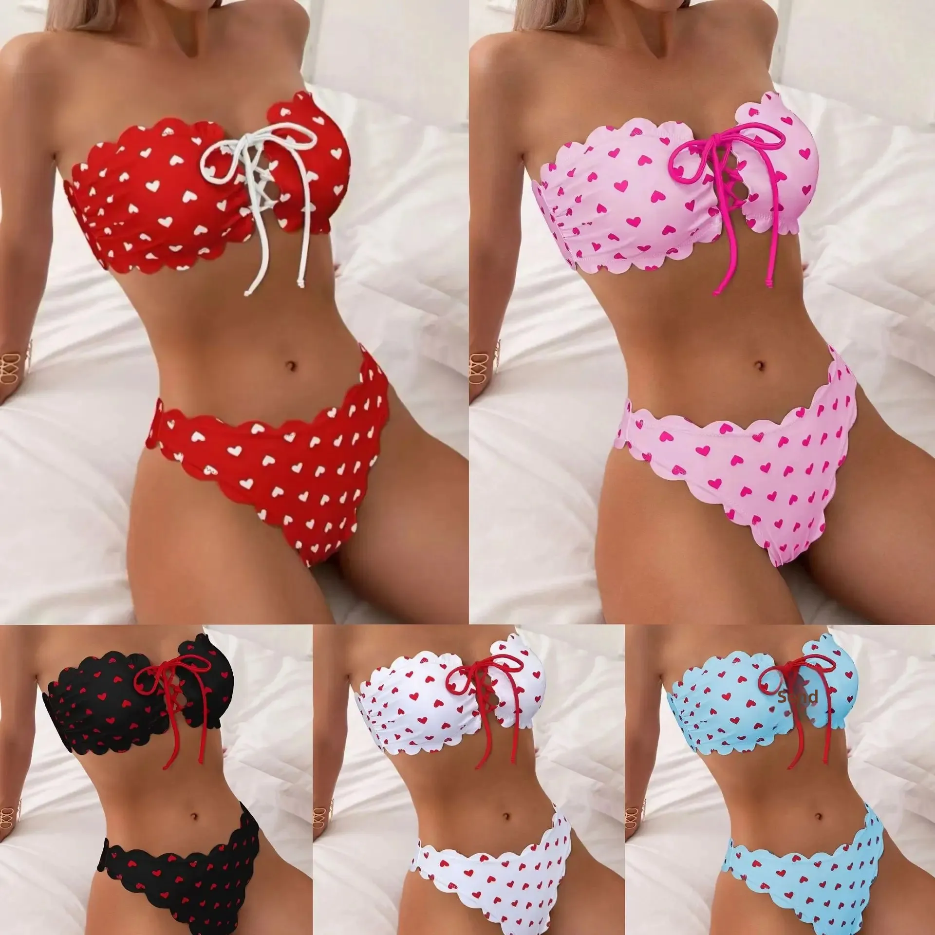 Bikini-Set, Bandeau-Oberteil, Kordelzug unten, Blumendruck, zweiteiliger Badeanzug für Strandurlaub, Sommer, verstellbar, bequeme Passform, Badebekleidung