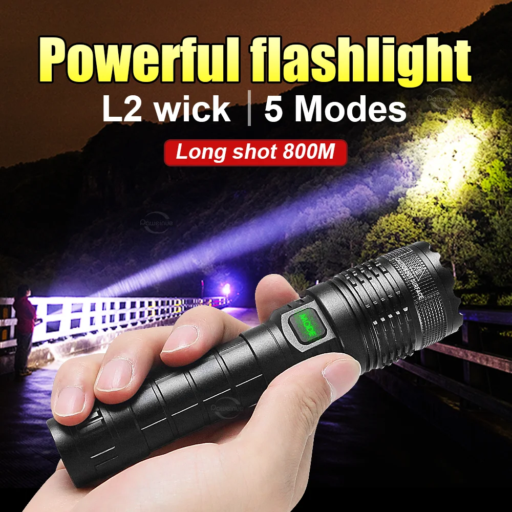 

Super Strong Light Flashlights L2 Wick High Power Rechargeable LED Flashlight 5 Modes Powerful LED Lantern Type-C Charging Torch