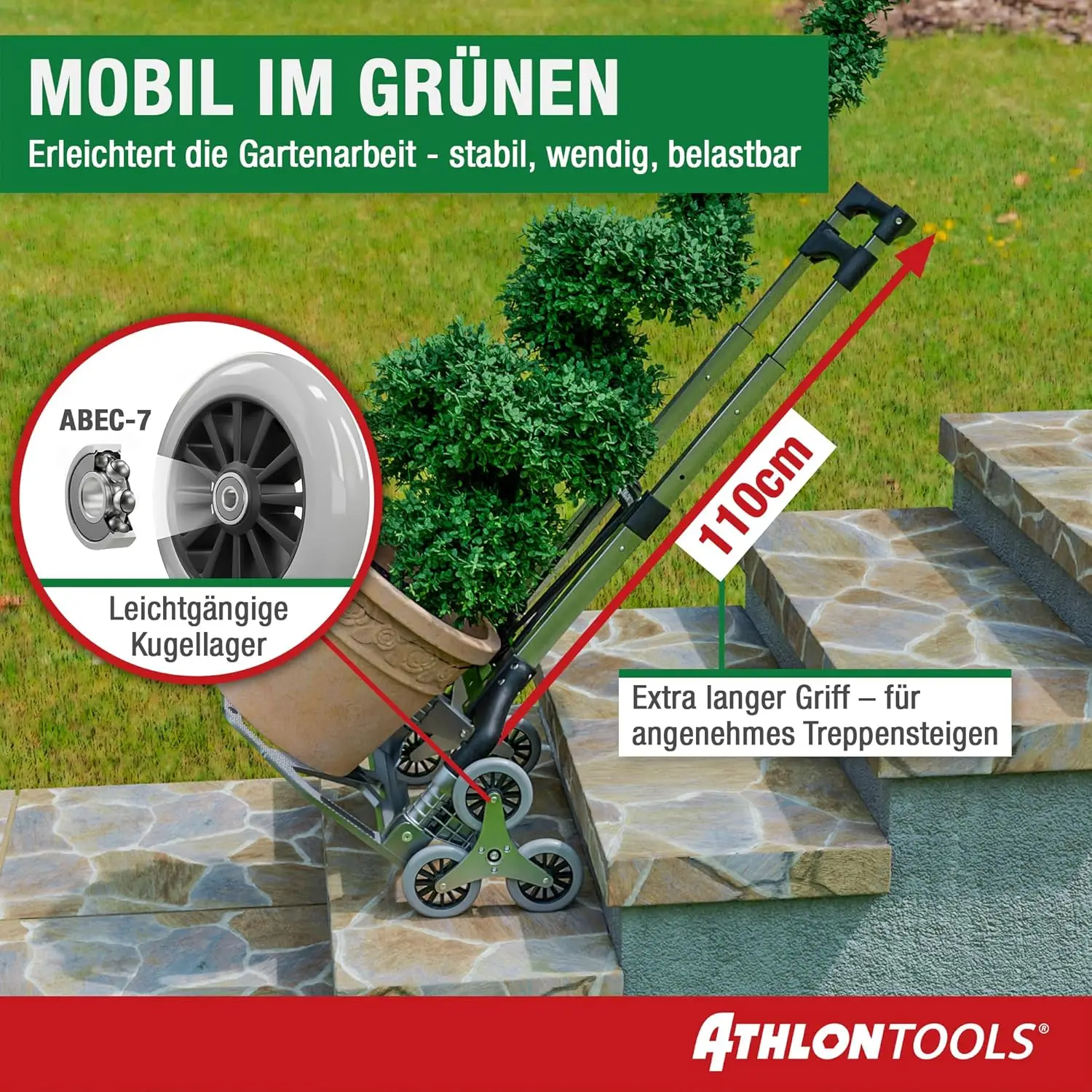 THLON TOOLS Aluminium Treppensteiger-Sackkarre klappbar TÜV geprüft – extra langer Griff 110 cm, Ladefläche mit Anti-Rutsch-Pad