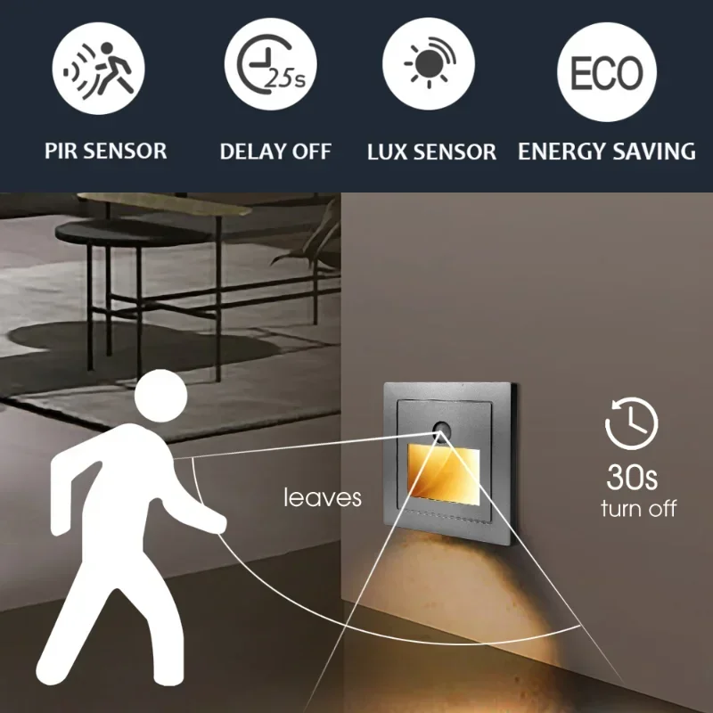 Luz Led nocturna con Sensor de movimiento PIR, lámpara con detección de movimiento infrarroja empotrada para escalones, escaleras, pasillo,